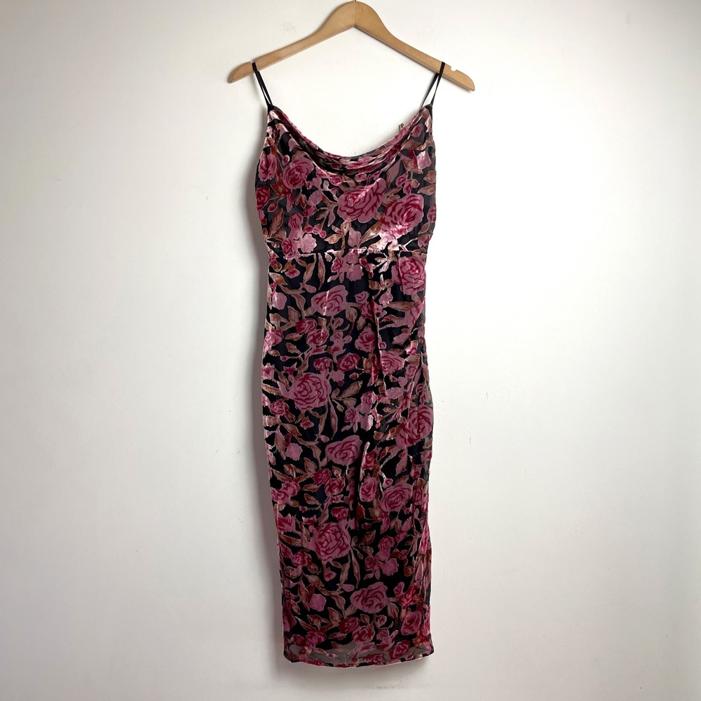 Adelyn Rae Floral Velvet Burnout Dress Cowl Neck Pink Black Vamp Gothic Romantic